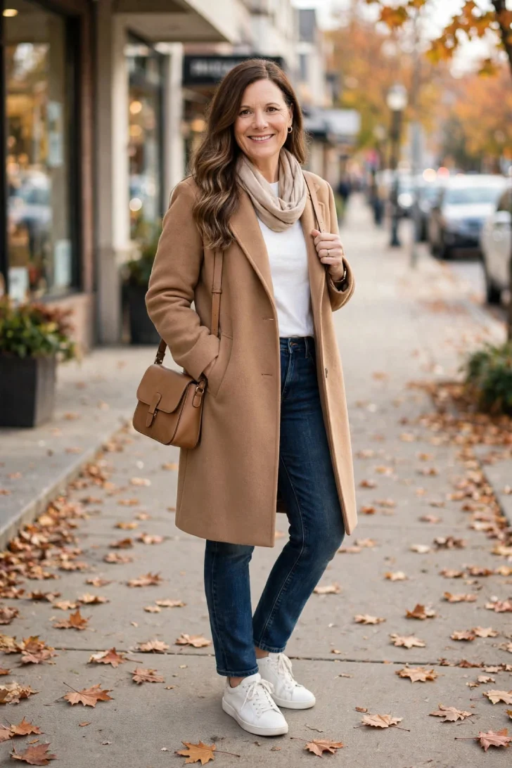 Woman with loose wavy brown hair wearing camel mid-thigh coat, white tee, dark straight jeans, white sneakers and tan crossbody on leaf-covered sidewalk
