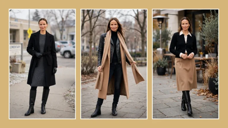 Three women over 40 in sleek winter layering outfits - sweater dress with belted coat, leather jacket with long camel scarf, wool midi skirt with knee high boots on golden background
