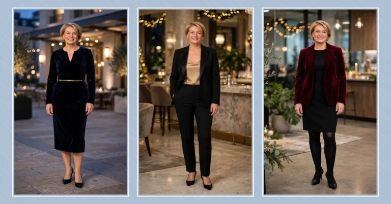 Three elegant Christmas party outfits for women over 40 displayed in white frames on light blue background - midnight blue velvet dress, black tuxedo with champagne satin camisole, burgundy velvet blazer over black dress