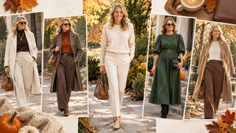 Stylish Thanksgiving outfits for women over 40 featuring cream knitwear, brown trousers, plaid layers, and an elegant green dress.