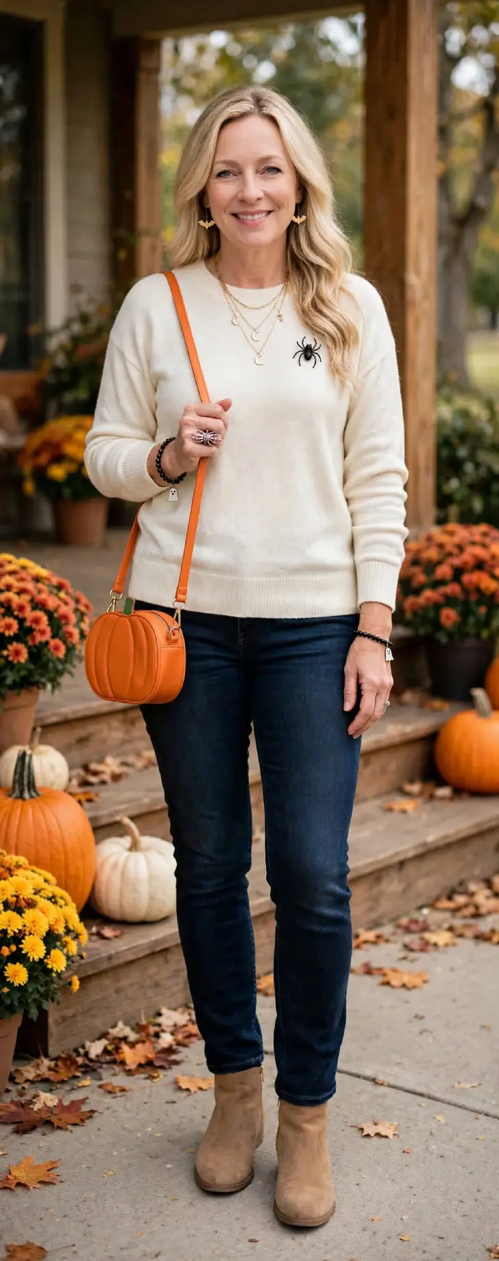 Woman in her 40s with clear skin and loose blonde waves wearing cream crewneck sweater and dark jeans with five spooky accessories including black spider brooch, bat earrings, spider ring, orange pumpkin crossbody bag, ghost charm bracelets and layered moon necklaces on fall porch with pumpkins