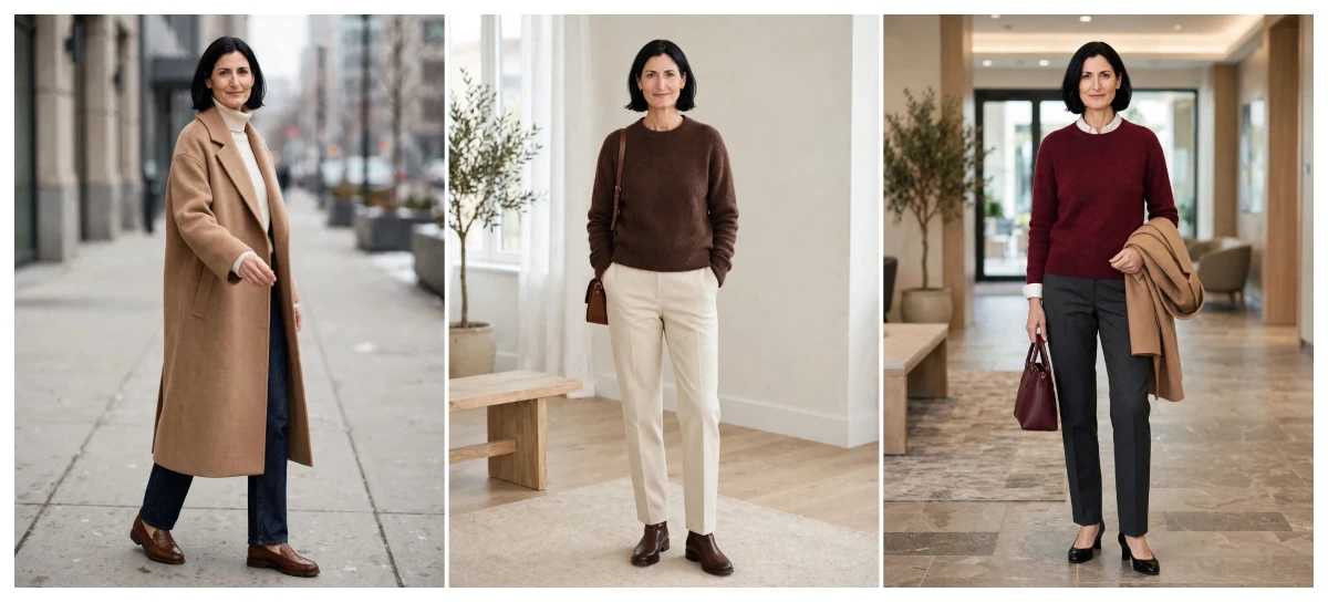 Three women over 40 modeling wearable winter 2026 trends - left in camel oversized wool coat with white turtleneck, middle in chocolate brown sweater with cream tailored trousers and brown ankle boots, right in burgundy sweater with charcoal trousers and camel coat over arm