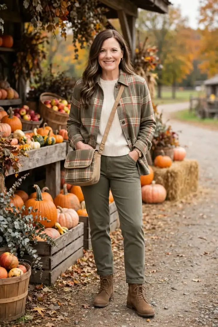 Woman with long wavy brown hair wearing olive plaid shirt jacket, cream sweater, olive pants, brown suede boots and matching crossbody by pumpkin farm stand