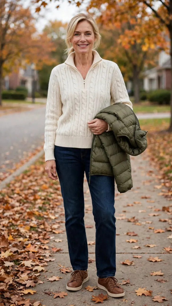 Woman with short blonde bob in ponytail wearing cream cable-knit quarter-zip sweater, dark straight jeans, holding olive packable puffer vest on autumn leaf sidewalk