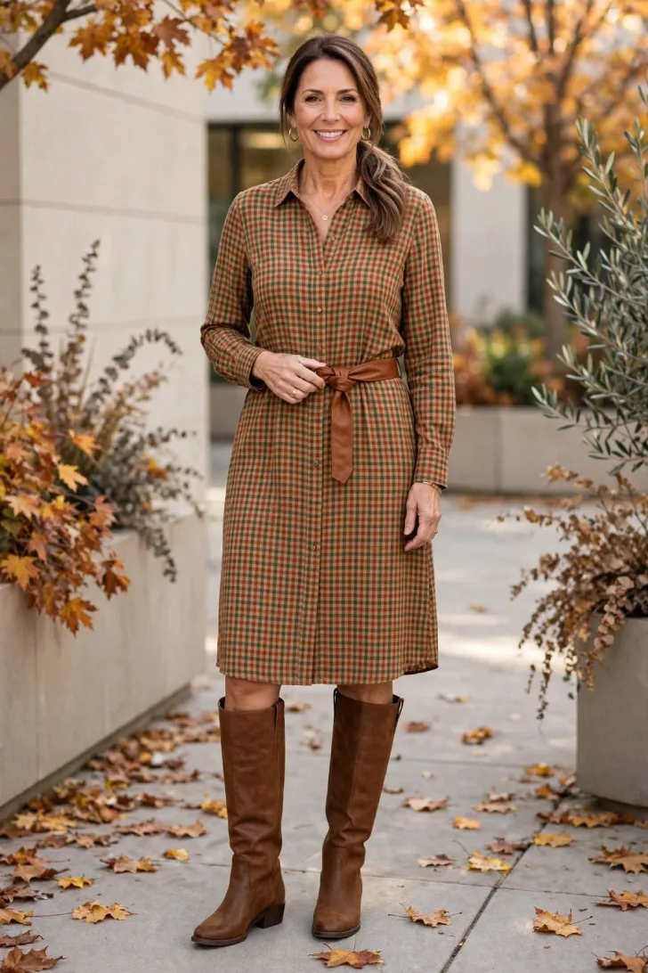 Woman over 40 wearing rust and olive check shirt dress with cognac belt and brown knee-high boots in fall courtyard