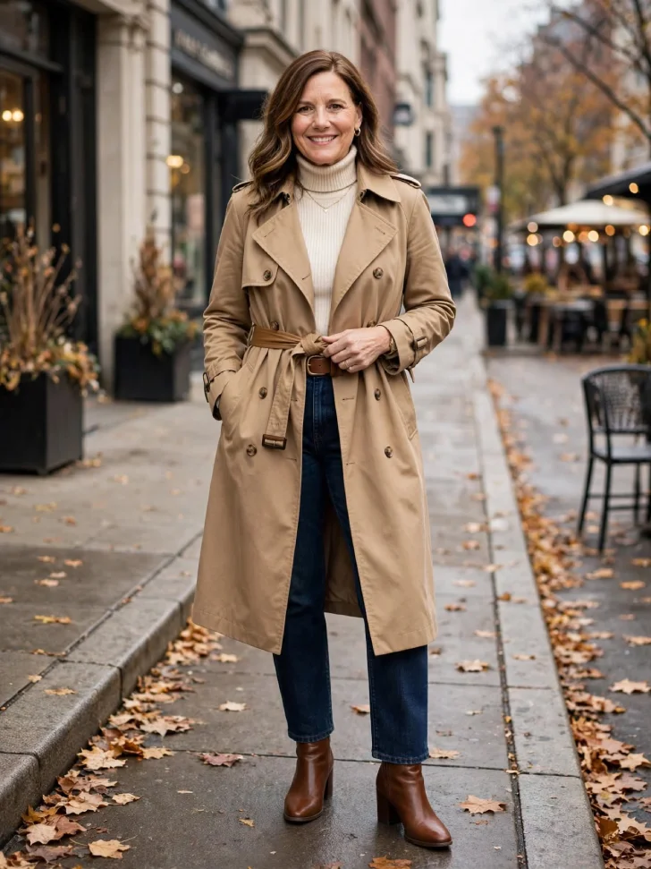  Woman in her 40s smiling in cream ribbed turtleneck, camel trench belted at natural waist, dark straight jeans and brown block-heel ankle boots on a leaf-strewn city sidewalk