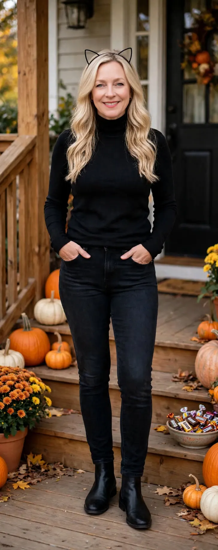 Woman in her 40s with clear smooth skin and loose blonde waves wearing black fitted turtleneck, dark high-waist jeans, black flat ankle boots and thin matte black cat ear headband on front porch with pumpkins, mums and candy bowl