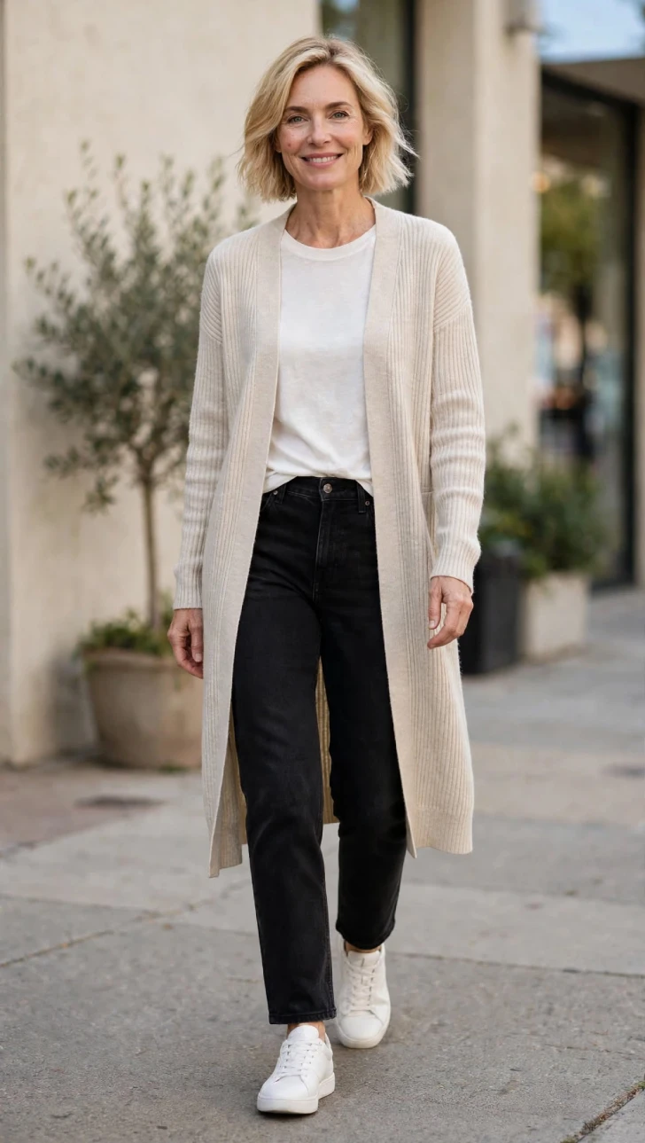 Woman with short blonde wavy bob wearing black straight jeans, white tee, long ribbed oatmeal cardigan and white leather sneakers on sidewalk