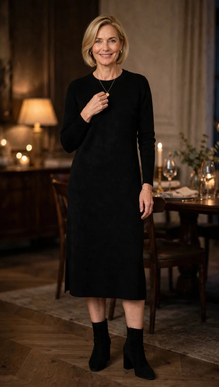 Woman with short polished blonde bob wearing black long-sleeve knit midi dress, gold pendant and hoops, and black block-heel ankle boots in candlelit dining room