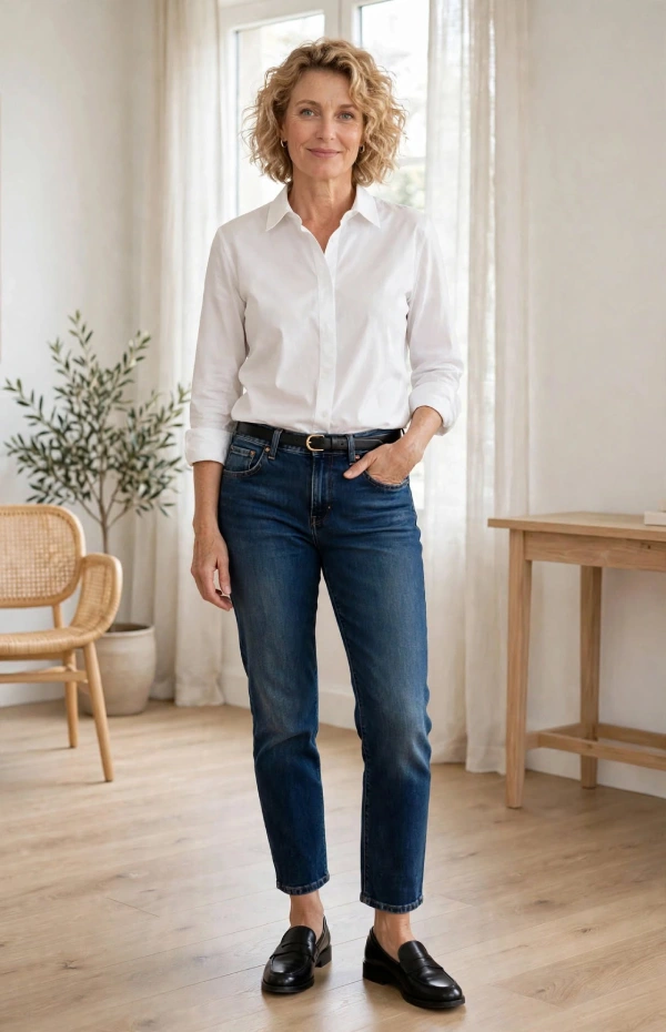 Woman with curly blonde bob wearing crisp white poplin shirt front-tucked, dark straight jeans hemmed at ankle, black belt and black penny loafers