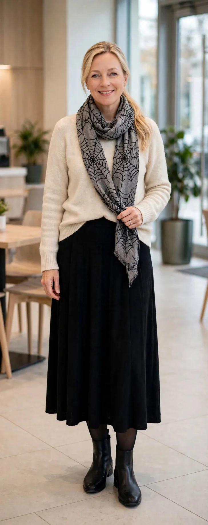  Woman in her 40s with clear skin and low blonde ponytail wearing black knit midi skirt, cream sweater, gray and black spiderweb print scarf, black tights and black ankle boots in bright office lobby