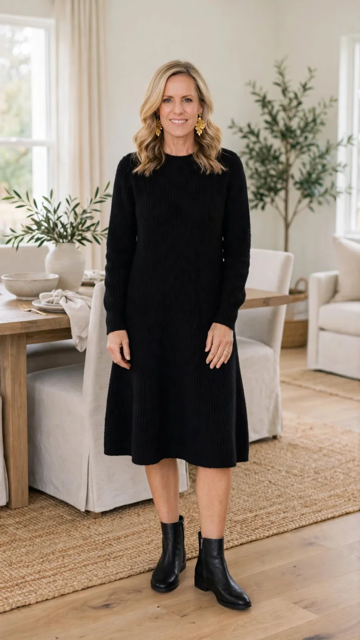 Woman over 40 with blonde wavy hair wearing black sweater dress, gold statement earrings and black flat ankle boots in dining room.