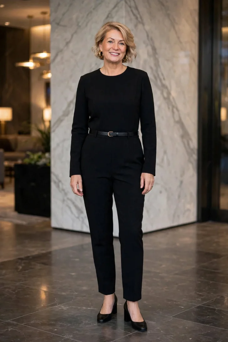  Woman over 40 in black tailored crepe jumpsuit with slim belt, oversized gold hoop earrings and black block-heel pumps in modern marble lobby
