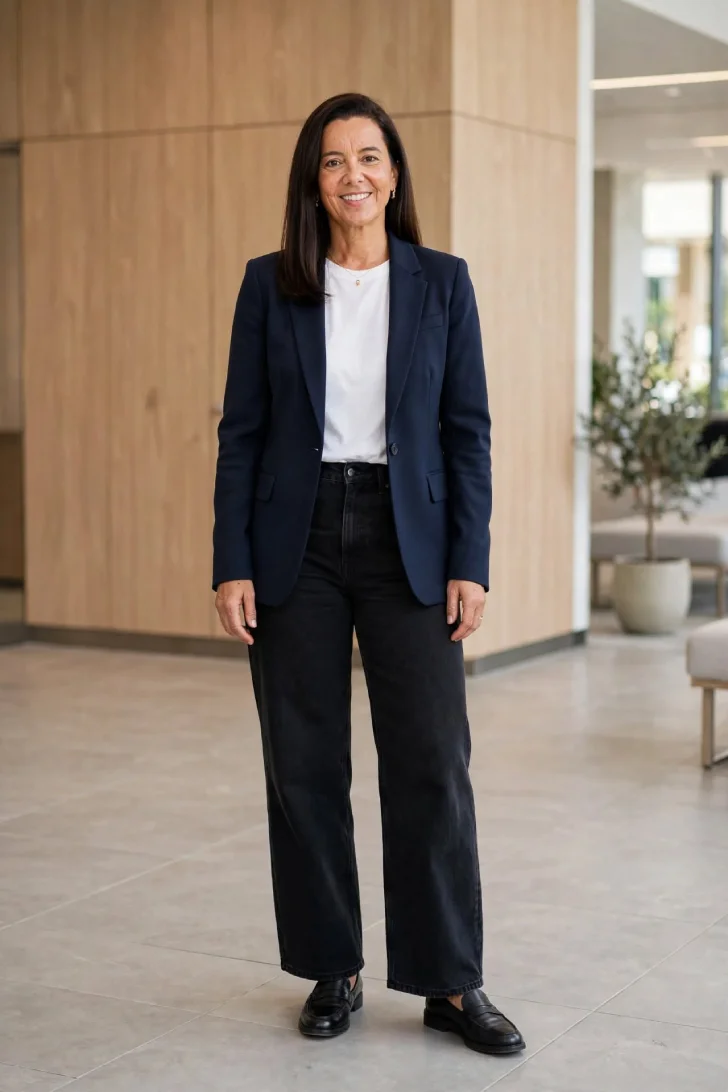 Woman over 40 wearing black wide-leg jeans, white tee, navy tailored blazer and black loafers in office lobby