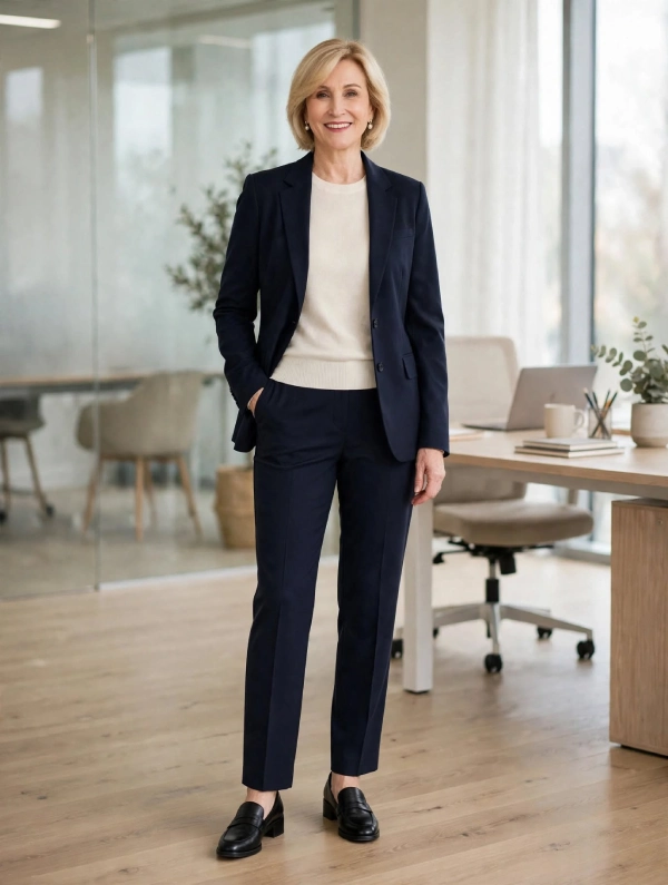 Woman with blonde bob wearing cream knit, navy blazer, navy ankle trousers, and black loafers in modern office