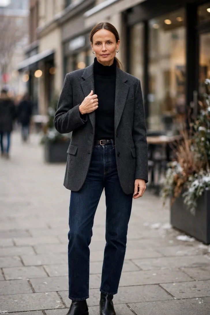 Woman over 40 wearing charcoal soft blazer open over black fine-knit turtleneck with dark straight leg jeans and black ankle boots on winter street