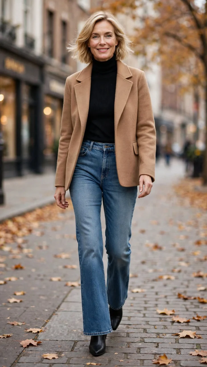 Woman with short blonde bob wearing mid-wash bootcut jeans, black fitted turtleneck, short camel jacket and black heeled ankle boots walking on autumn city street