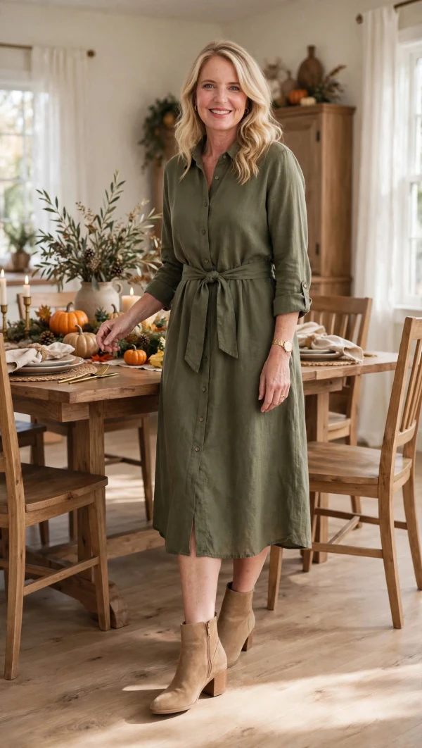 Woman over 40 in olive green shirt dress with tie and tan suede low block heel ankle booties setting Thanksgiving dining table with pumpkins