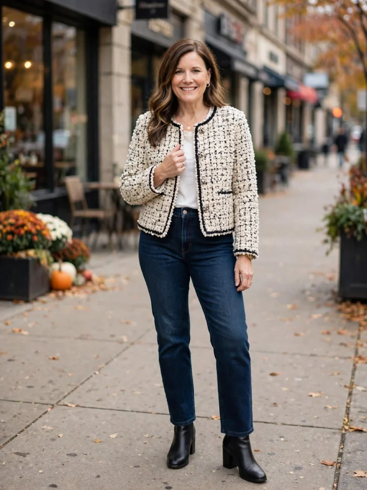 Woman smiling on autumn sidewalk wearing cream black bouclé tweed jacket, white tee, dark straight jeans and black block-heel ankle boots with mums and pumpkins in background