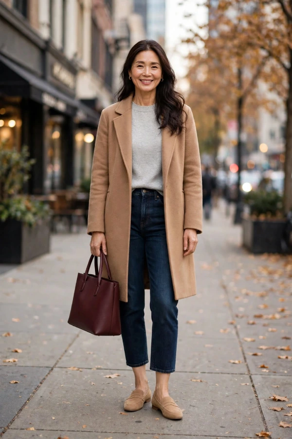 Woman around 40 wearing camel coat, light grey sweater, cropped dark jeans, tan loafers, carrying matte burgundy tote bag on fall sidewalk