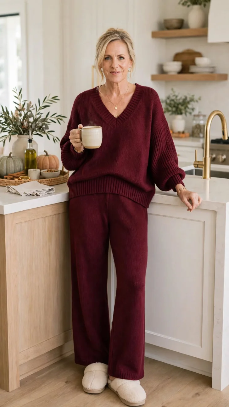 Woman over 40 with messy low bun wearing burgundy matching knit sweater and wide leg pants with cream shearling slippers holding mug in bright kitchen.