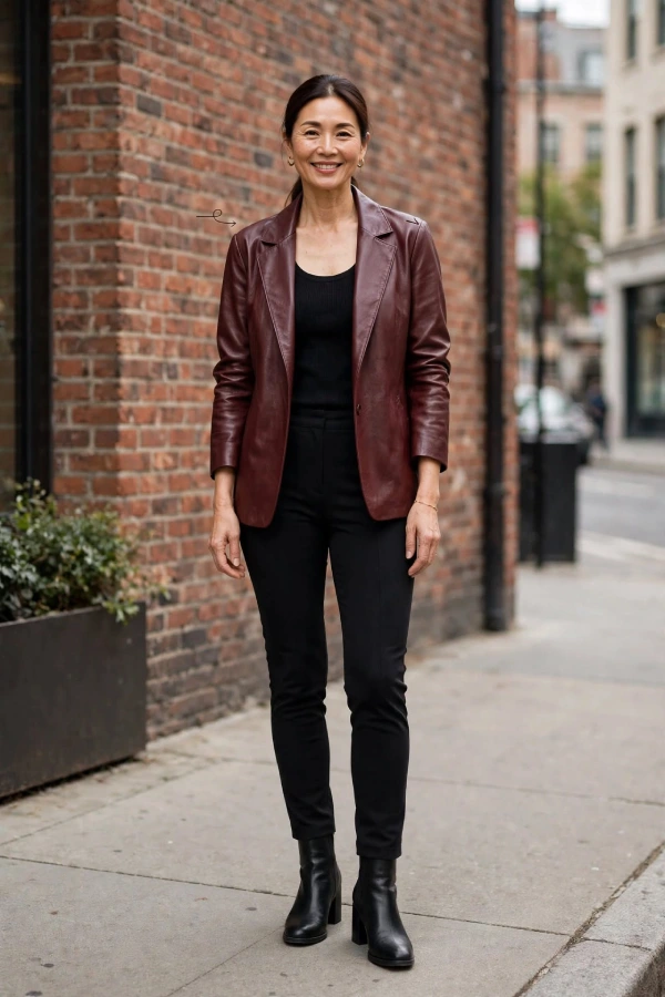 Woman around 40 wearing burgundy soft leather jacket, black fine knit tank, black ponte pants, and black ankle boots against brick wall