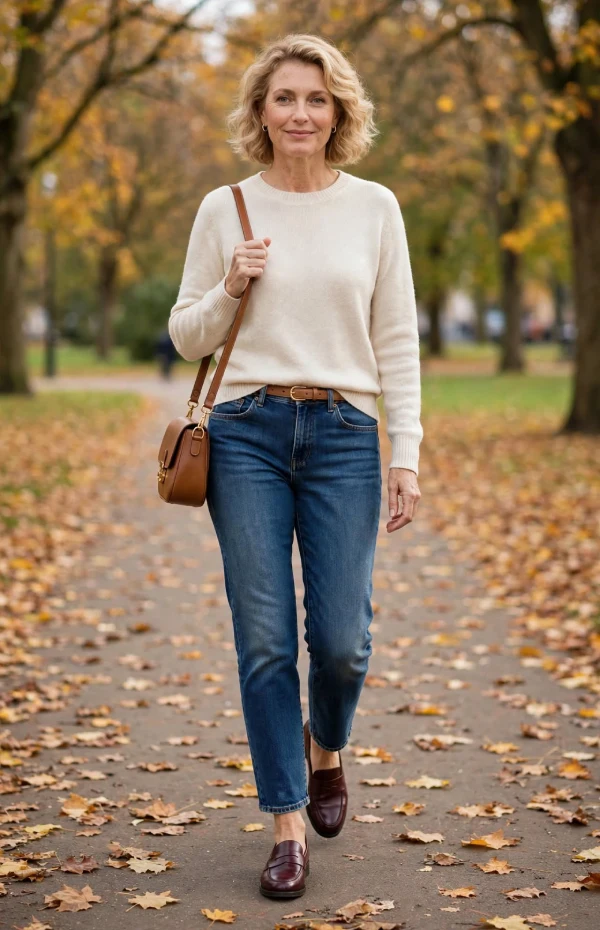 Woman with curly blonde bob wearing cream fine knit sweater, mid-wash straight jeans and burgundy penny loafers with tan crossbody bag in autumn park