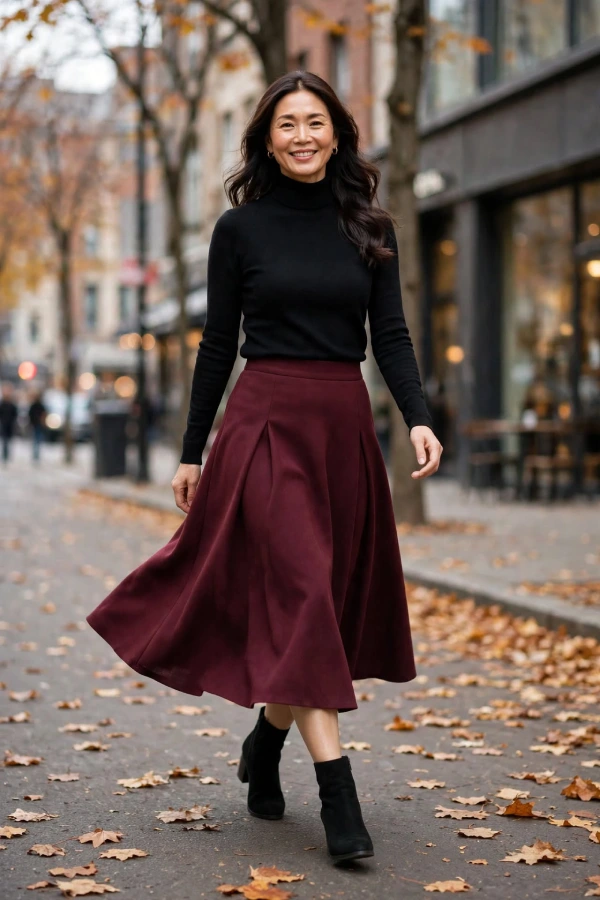 Woman around 40 wearing burgundy wool crepe midi skirt, black fine merino turtleneck tucked at waist, and black low heel ankle boots walking on fall street