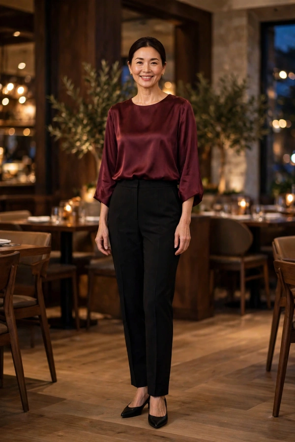 Woman around 40 wearing burgundy satin blouse with relaxed drape, black matte tailored trousers, and black pointed flats in warm restaurant interior