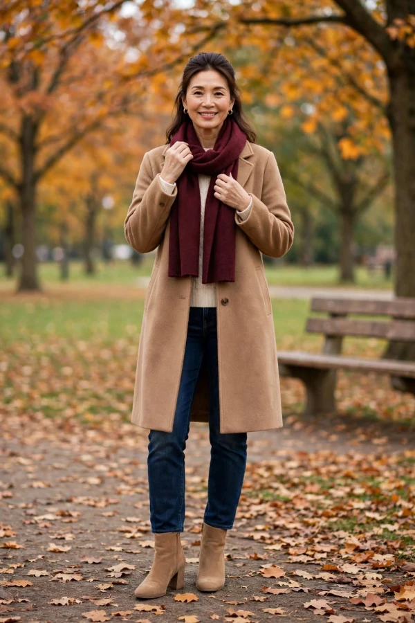 Woman around 40 wearing camel wool coat, cream cable knit, dark jeans, tan suede ankle boots, and thick burgundy wool scarf looped at neck