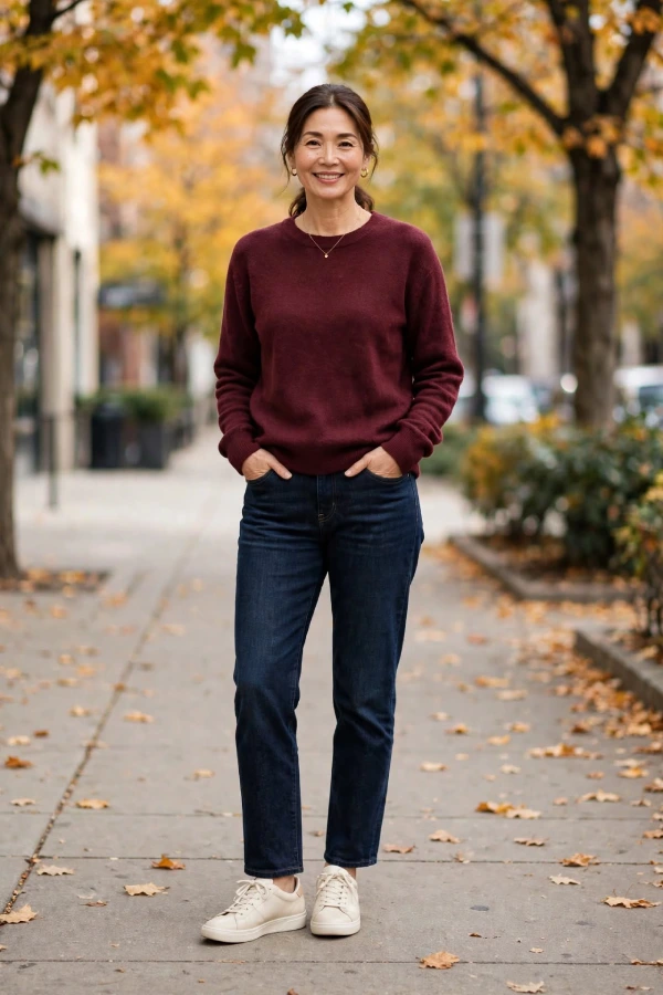 Woman around 40 wearing burgundy merino crewneck sweater, dark indigo straight jeans, cream leather sneakers, and short gold necklace on fall sidewalk