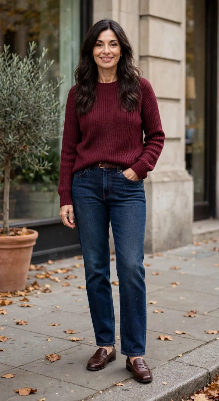 Woman over 40 with clear natural skin wearing burgundy knit sweater, dark straight jeans, brown belt and loafers standing on fall sidewalk
