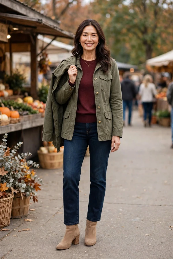 Woman around 40 wearing burgundy crewneck sweater, olive utility jacket, dark indigo jeans, and tan suede ankle boots at fall market