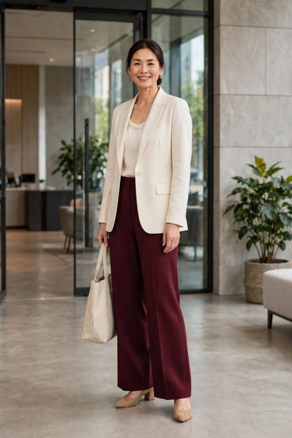 Woman around 40 wearing burgundy wide-leg wool trousers, cream blazer, ivory shell, and tan block heel flats in modern office lobby