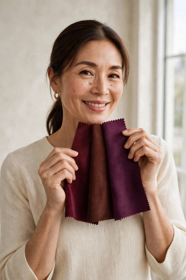 Woman around 40 in ivory knit holding three burgundy fabric swatches in wine, oxblood, and plum near chin by window light