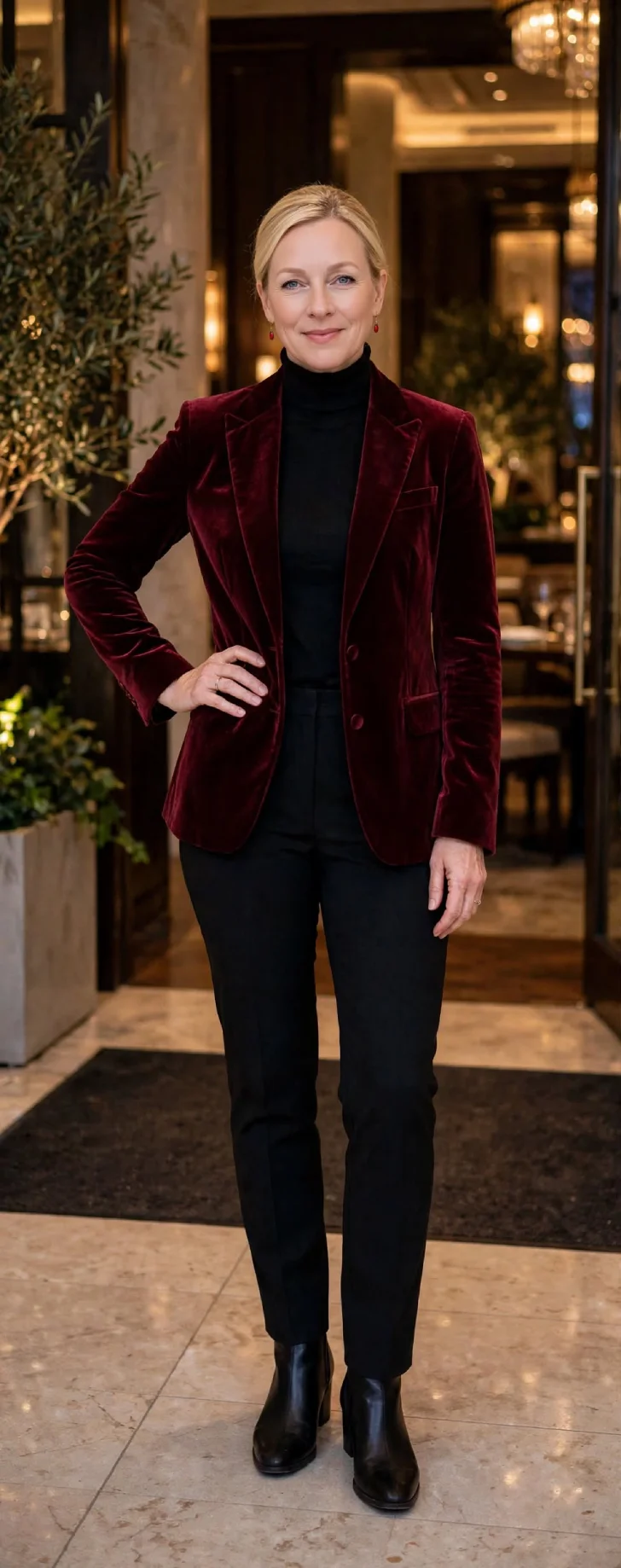 Woman in her 40s with clear skin and sleek low blonde bun wearing burgundy velvet blazer, black turtleneck, black tailored trousers, black ankle boots and tiny red drop earrings at evening restaurant entrance with warm lighting