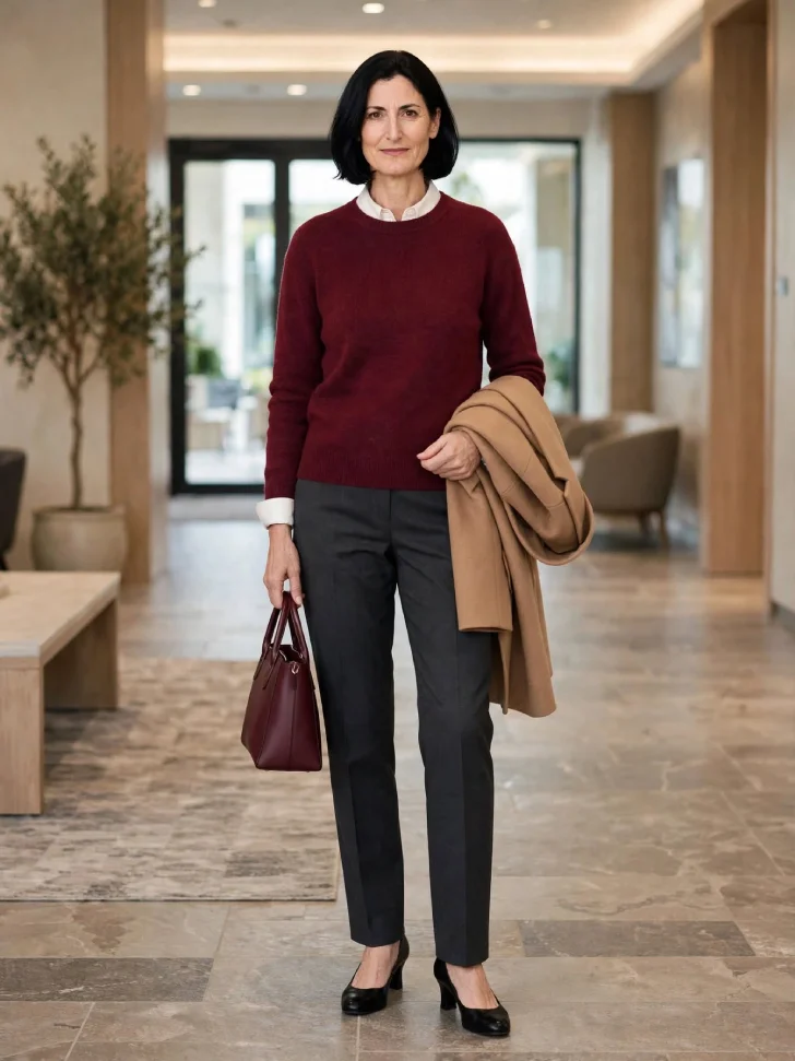 Woman in her 40s with sleek dark bob wearing burgundy sweater over white shirt, charcoal trousers, burgundy tote and black block-heel pumps, holding camel coat in office lobby