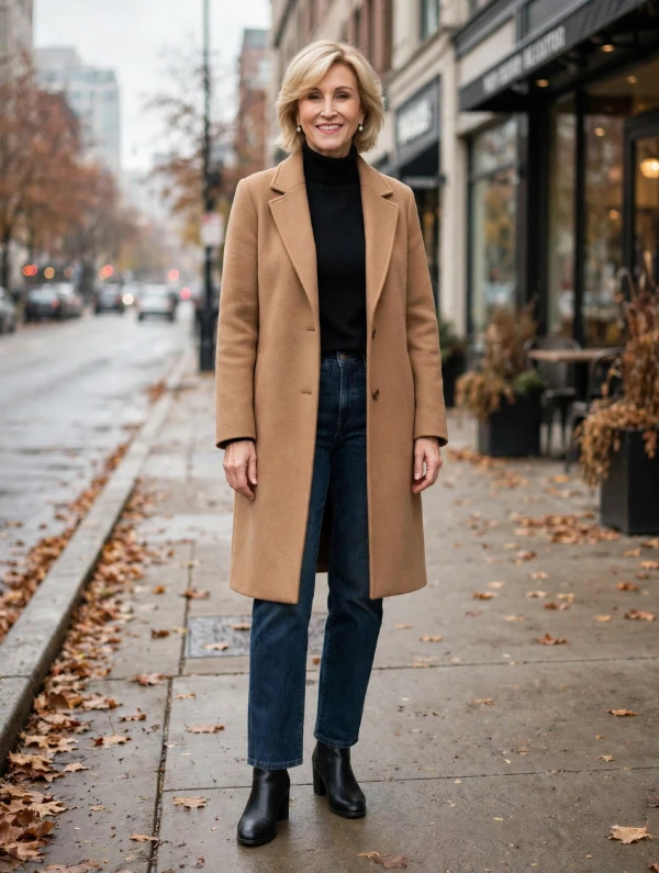 Woman with blonde bob wearing camel coat, black turtleneck, dark straight jeans, and black heeled ankle boots on leaf-covered sidewalk