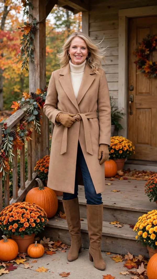 Woman over 40 in camel wool long coat with belt cream turtleneck dark jeans and brown suede tall boots on front porch with pumpkins and mums