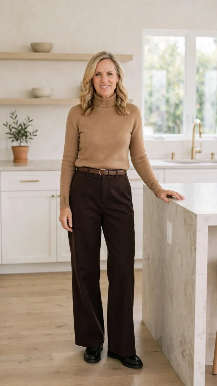 Woman over 40 with blonde shoulder-length wavy hair wearing camel turtleneck, dark brown wide-leg trousers, brown belt and black loafers leaning on kitchen island.