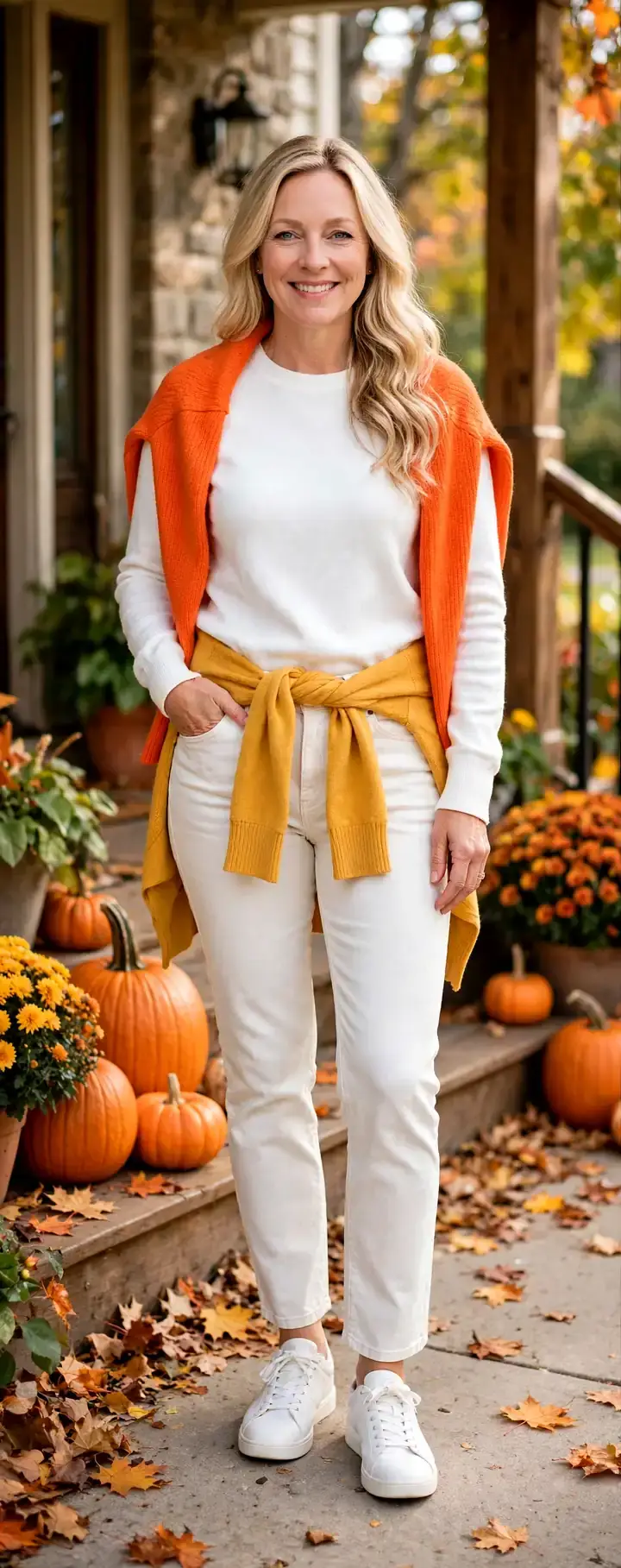 Woman in her 40s with clear skin and loose blonde waves wearing white crewneck sweater, orange sweater draped over shoulders, mustard yellow sweater tied around waist, white jeans and white sneakers on fall porch with pumpkins and mums
