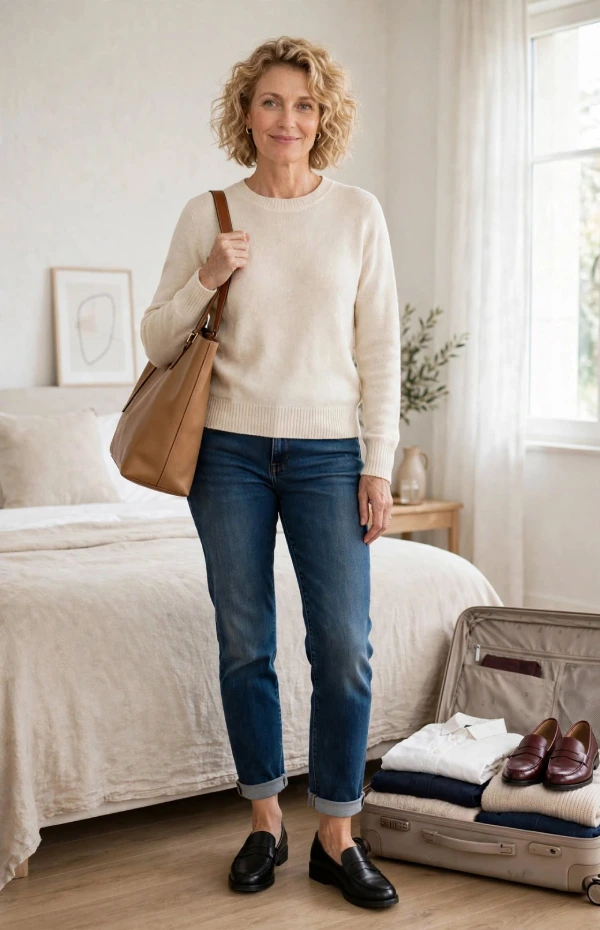 Woman with curly blonde bob wearing black loafers with jeans and cream sweater beside open suitcase holding burgundy loafers and folded neutrals