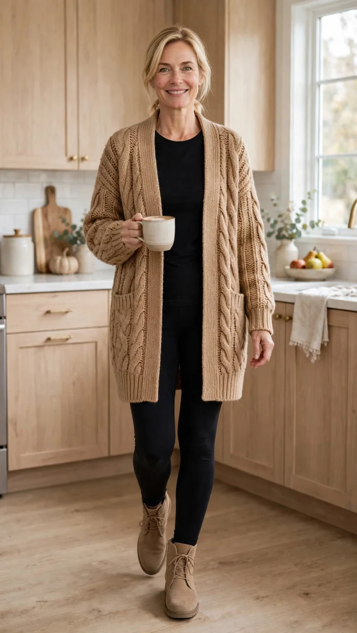 Woman with short blonde bob in low ponytail wearing camel chunky cable-knit cardigan coat, black fitted tee, black leggings, and tan suede boots holding a mug in kitchen