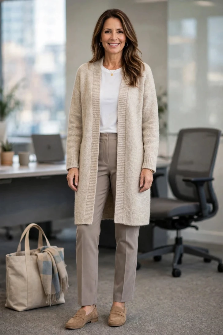 Woman over 40 wearing oatmeal long cardigan coat over white tee and taupe trousers with tan loafers in cold office