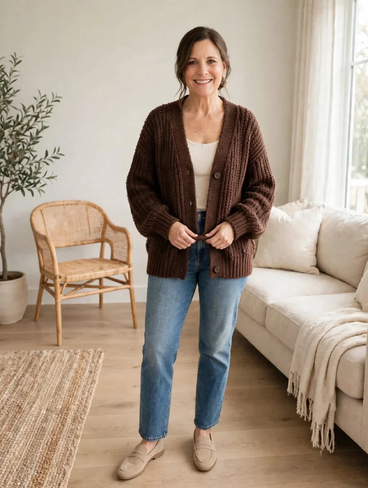 Woman with low bun wearing chocolate chunky knit cardigan over cream tank and straight jeans with beige loafers