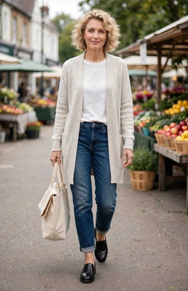 Woman with curly blonde bob wearing oatmeal long cardigan, white tee, relaxed cuffed jeans and black loafers carrying canvas tote at market