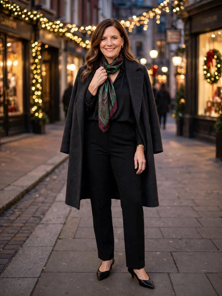 Woman on holiday-lit street wearing charcoal wool coat draped over shoulders, black silk blouse, black wool pants, jewel-tone silk scarf in green and burgundy paisley and pointed black flats