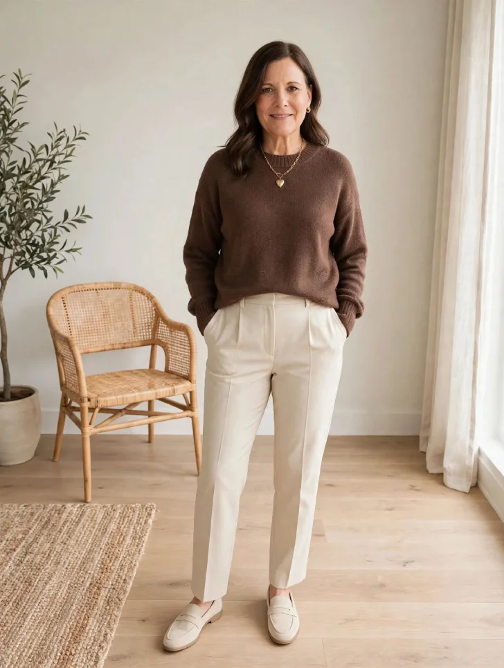 Woman over 40 wearing milk chocolate brown fine-knit sweater, cream straight-leg trousers and cream loafers, standing with hands in pockets in bright living room