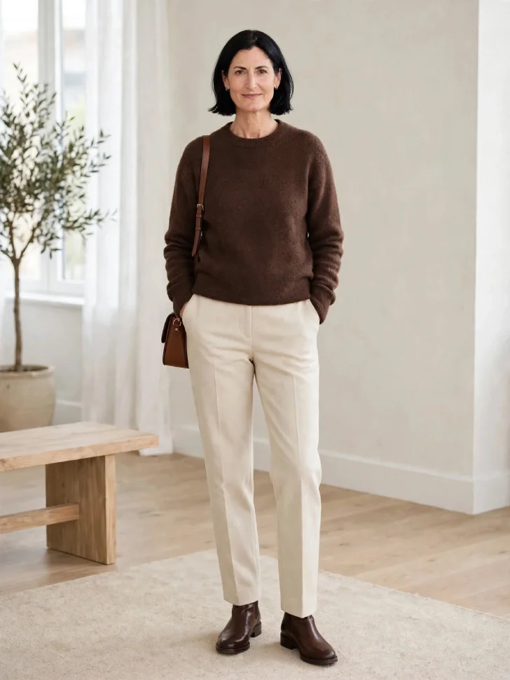 Woman in her 40s with dark bob wearing chocolate brown sweater, cream straight-leg wool trousers, brown crossbody bag and dark brown ankle boots, hands in pockets in bright interior