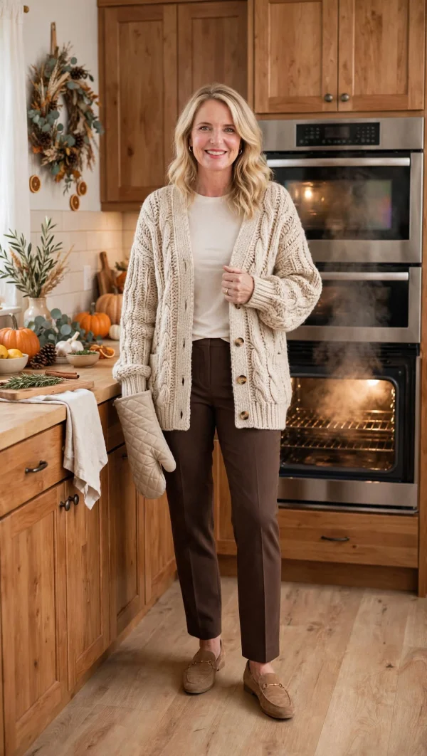 Woman over 40 in oatmeal chunky cable knit cardigan over slim cream tee with brown trousers and tan loafers in Thanksgiving kitchen by oven